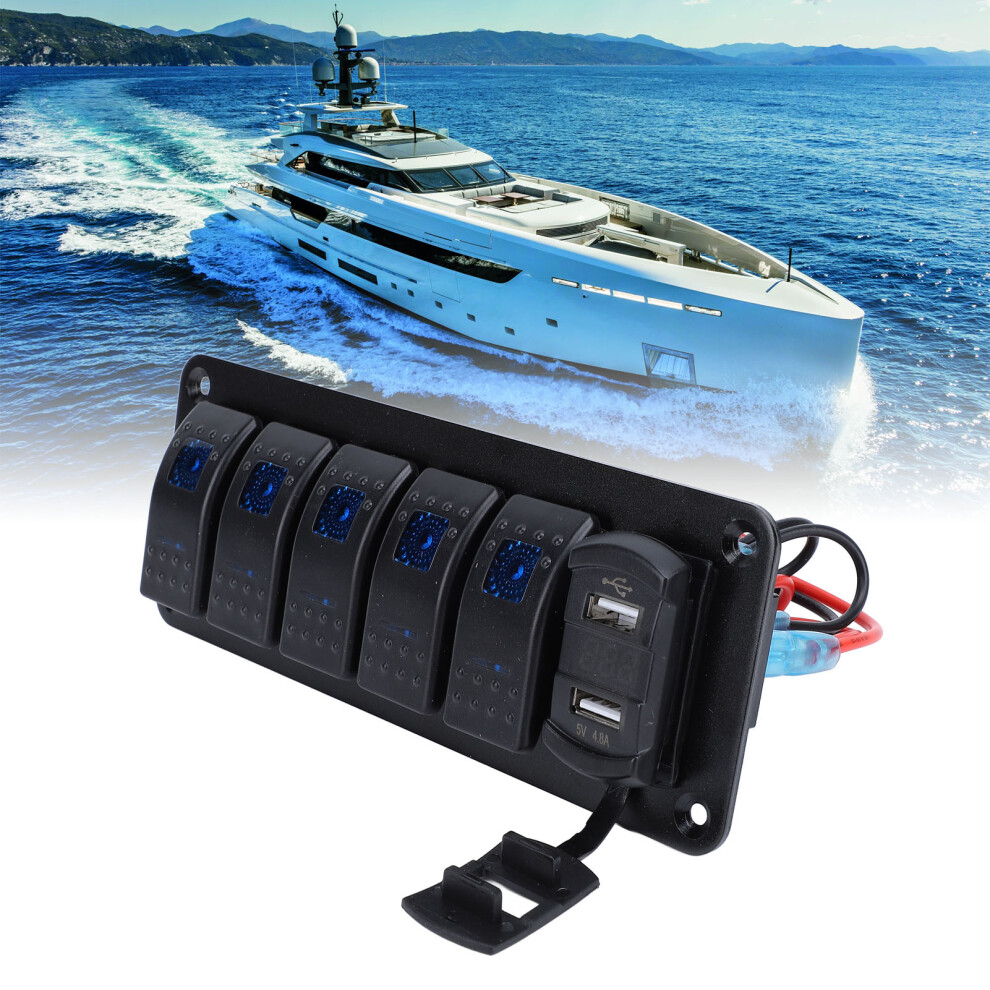 5 Gang Rocker Switch Panel With Dual Usb Charger, Voltage Meter For 12-24V Vehicles 9451337456922