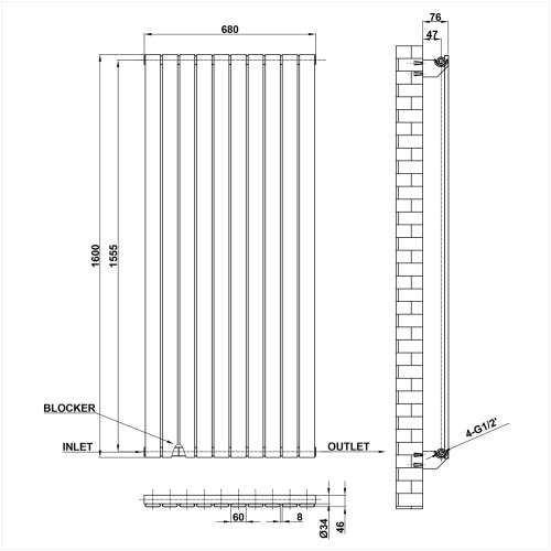 AICA (1600x680mm Single) Vertical flat radiator anthracite all sizes 2