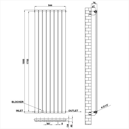 AICA (1800x544mm Single) Vertical flat radiator anthracite all sizes 2