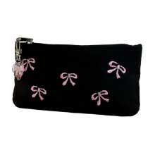 Pencil Case Embroidered Bow Canvas Cosmetic Bag Black Travel Zipper 15x8x2 cm Multifunction