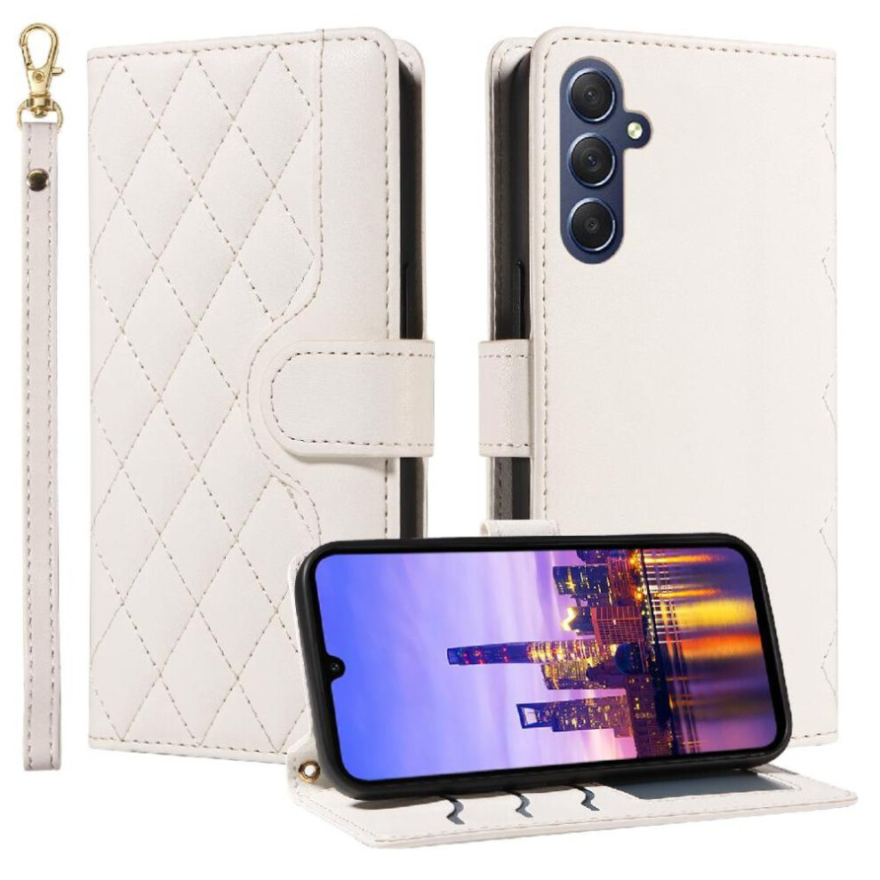 (White) Flip Case For Samsung Galaxy A17 Lattice Flip Folio Phone Case With Stand Wallet Card Slots Detachable Wrist Strap And Long Lanyard White 764563170258
