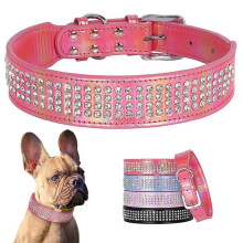(XL:Neck 48-60cm, Hot Pink) Rhinestone Diamonds Leather Dog Collar Bling Adjustable for Medium Large Pets XL