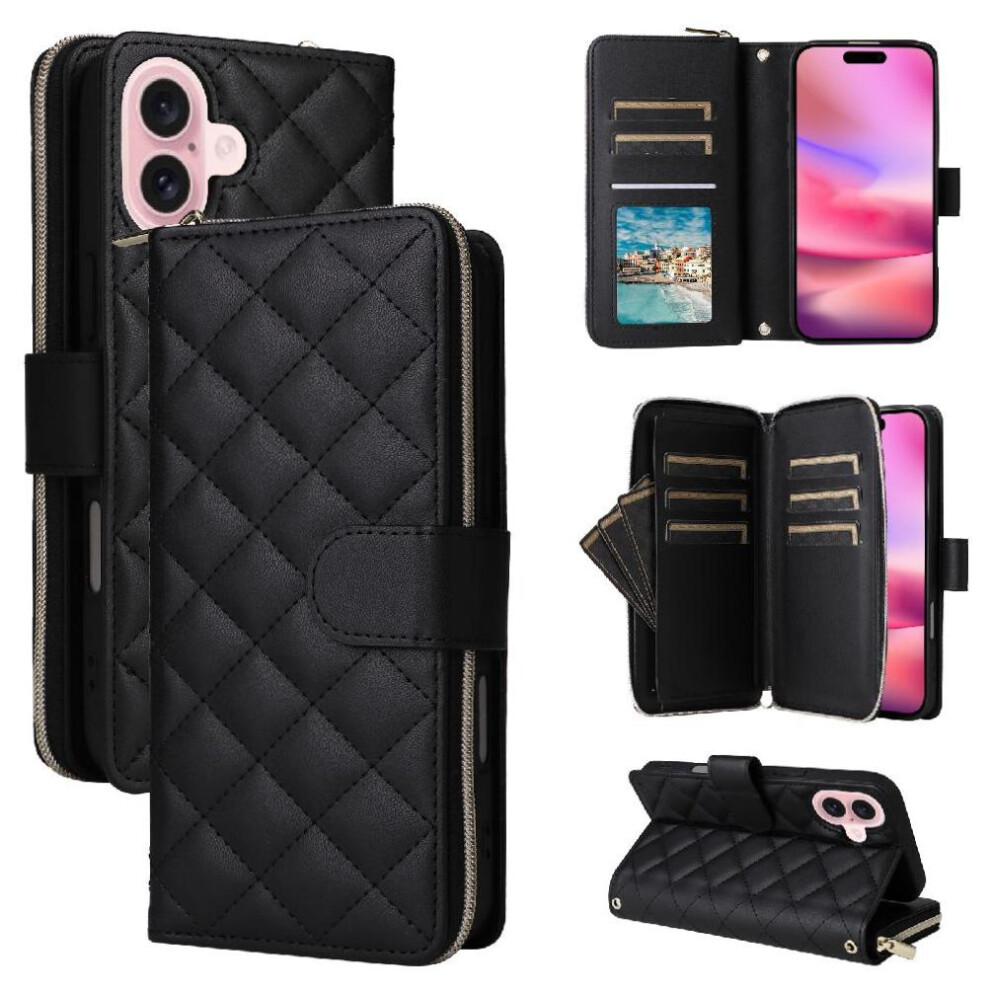 (Black) Flip Zipper Case For Iphone 17 Wrist Strap Kickstand Magnetic Closure 9 Card Holder 1 Cash Slot Black 764563172726