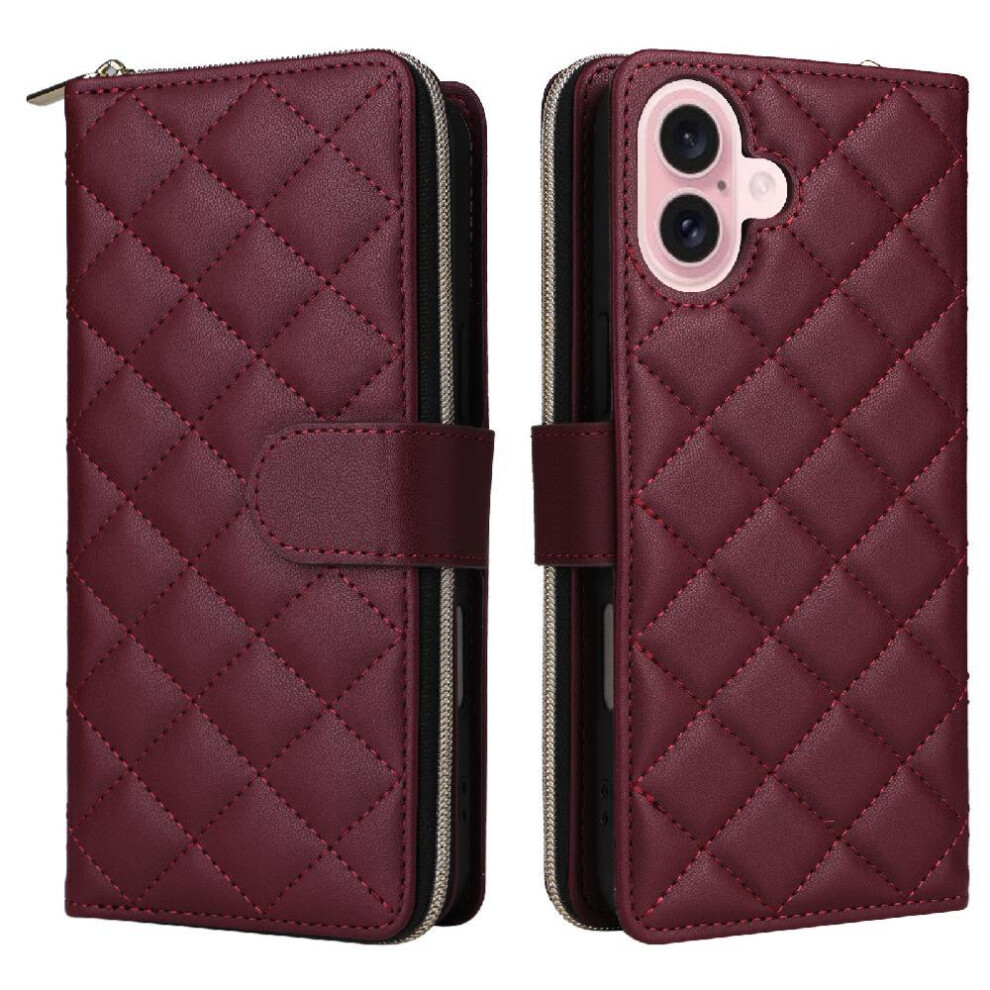 (Red) Flip Zipper Case For Iphone 17 Wrist Strap Kickstand Magnetic Closure 9 Card Holder 1 Cash Slot Red 764563172719