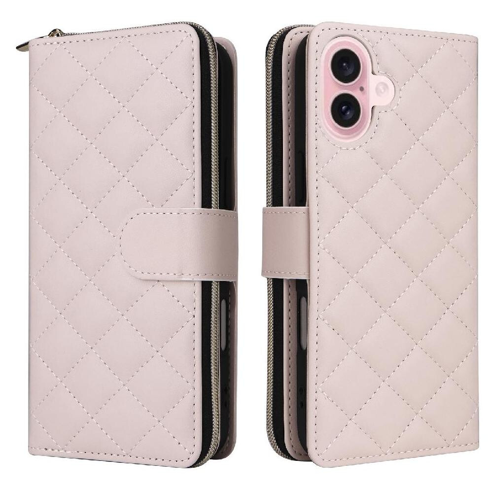 (White) Flip Zipper Case For Iphone 17 Wrist Strap Kickstand Magnetic Closure 9 Card Holder 1 Cash Slot White 764563172740