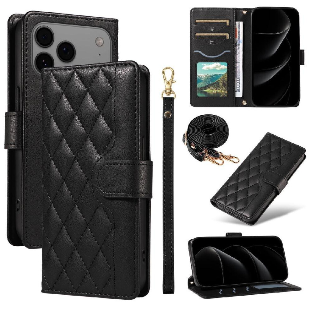 Photos - Case  Flip  for iphone 17 Pro Max Wallet Card Slots Detachable Wrist Strap and Long Lanyard Lattice Flip Folio Phone C(Black)