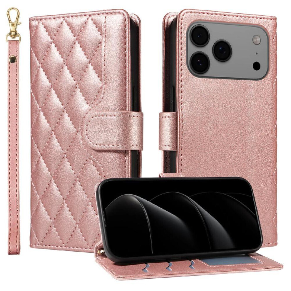 (Pink) Flip Case For Iphone 17 Pro Max Wallet Card Slots Detachable Wrist Strap And Long Lanyard Lattice Flip Folio Phone Case With Stand Pink 764563173631