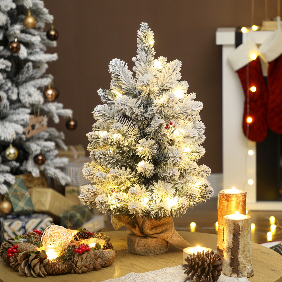 Homcom 60 Cm Prelit Christmas Tree, Snow Flocked Tabletop Xmas Tree Light/White Small