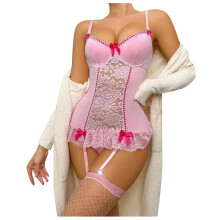 White Shiny Suspender Bustier Set With Lace And Satin Includes Suspender And G-String Pink 01 3XL