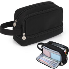 Large Pencil Case Black With 3 Compartments Portable Stationery Organizer Bag With Handle For Boys And Girls