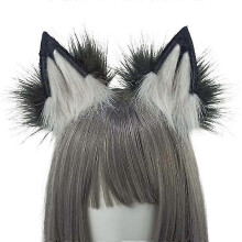 (Black and gray wolf) Plush Wolf Tail And Headhoop For Cosplay Halloween Party Costume For Women