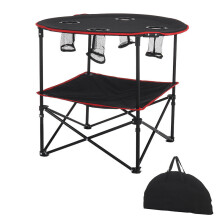 (Black) 600D Canvas Beach Table Folding Lightweight Tabletop 4 Cup Holders Portable Picnic Camping Table with Storage Bag