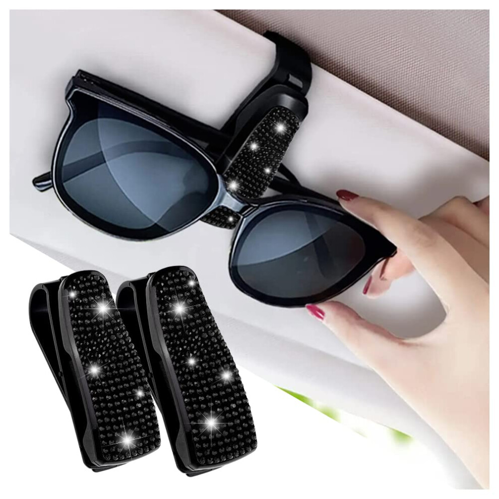 Bling Rhinestone Car Sun Visor Glasses Holder With Anti-Scratch Sponge, Ticket Clip, Sun Visor Organizer Universal Black 6947110931258