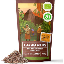 NaturaleBio Organic Raw Cacao Nibs 400g. Natural and Pure. Made in Tropical Regions from Theobroma Cacao Plant. Source of Magnesium Potassium & Iron.