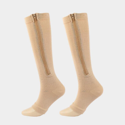 (S M,Khaki)Medical Compression Socks Zipper Professional Leg Support Thickened Women's Socks 1