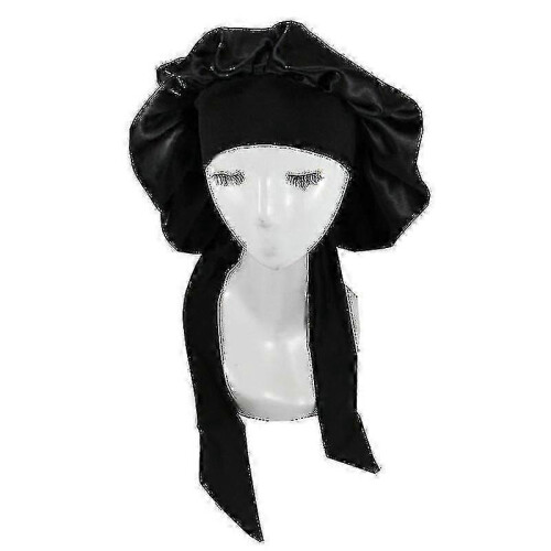 (Black)Silk Bonnet Satin Bonnet For Sleeping Bonnet With Tie Band Night Cap High Quality