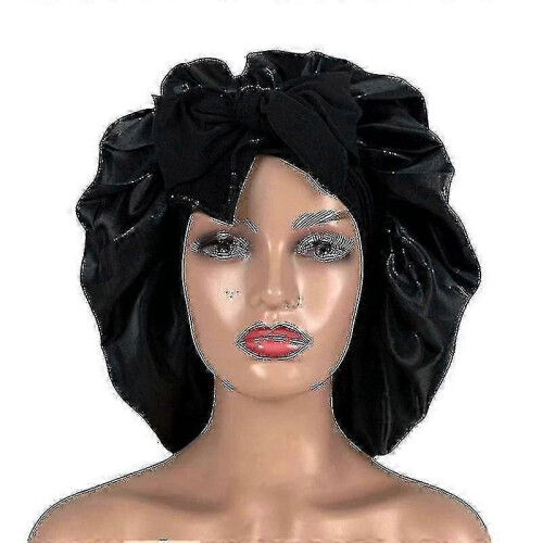 (Black)Silk Bonnet Satin Bonnet For Sleeping Bonnet With Tie Band Night Cap High Quality 2
