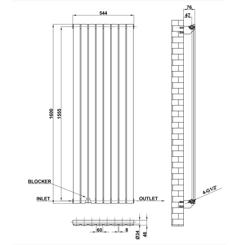 AICA (Black, 1600*544mm?single)) Flat Panel Column Radiator 2