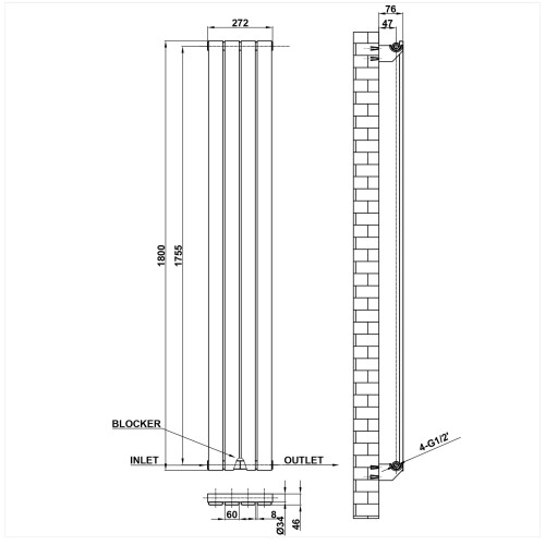 AICA (Black, 1800*272mm?single)) Flat Panel Column Radiator 2