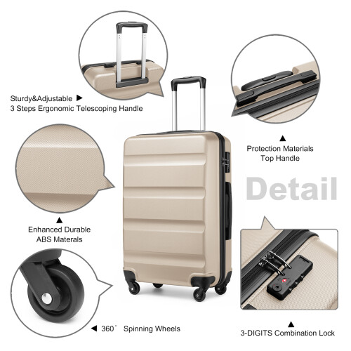 (Gold, 24inch) 19/24/28 inch Horizontal Design ABS Hard Shell Suitcase Set 2