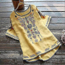 (L, yellow) Embroidery Cotton Women Shirt Summer Spring Blouse Tops Clothes For Women Clothing zZ