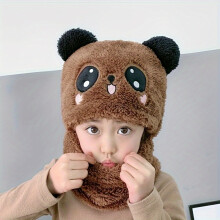 (Coffee color, 3-10 Years Old) Adorable thickened 's ear warmer, suitable for autumn and winter seasons, with neck strap and leg straps for warmth in winter