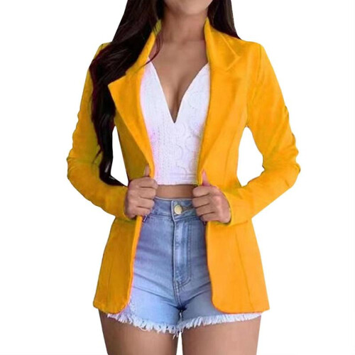 (S,Yellow)Womens Slim Blazer Office Jacket Formal Suit Coat