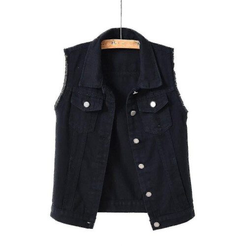 (M,Black)Women Spring And Autumn Coats Solid Sleeveless Denim Jacket Outerwear