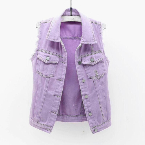 (S,Purple)Women Spring And Autumn Coats Solid Sleeveless Denim Jacket Outerwear