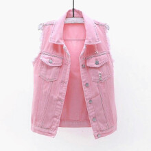(L, Pink) Women Spring And Autumn Coats Solid Sleeveless Denim Jacket Outerwear