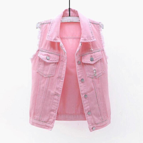 (L,Pink)Women Spring And Autumn Coats Solid Sleeveless Denim Jacket Outerwear