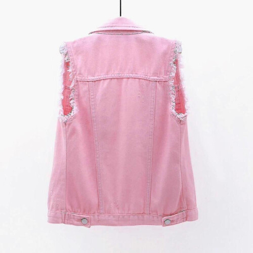 (M,Pink)Women Spring And Autumn Coats Solid Sleeveless Denim Jacket Outerwear 2