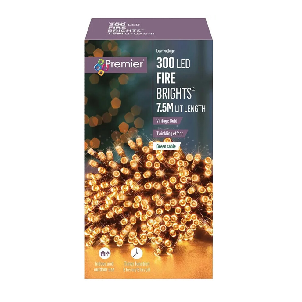 Premier 300 Led Twinkling Christmas String Lights Timer Vintage 7.5M Gold