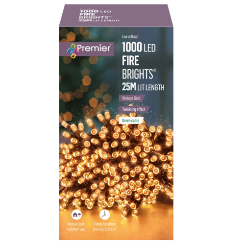 Premier 1000 LED Twinkling Christmas String Lights Timer Vintage Gold 25M
