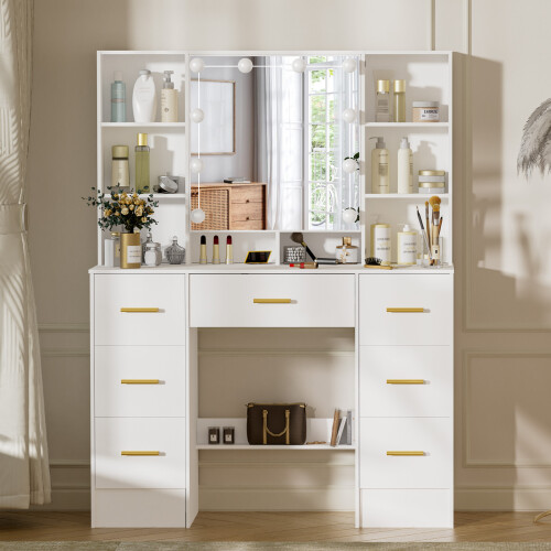 Dressing Table LED Mirror 7 Drawers 6 Shelf Vanity Makeup Desk Set 2
