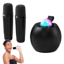 Karaoke Machine Voice Change Music Player With Wireless Microphones Round Light Console Portable DJ Setup Black