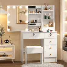 White Dressing Desk with 10 LED Lighted Mirror and 6 Drawers Dresser