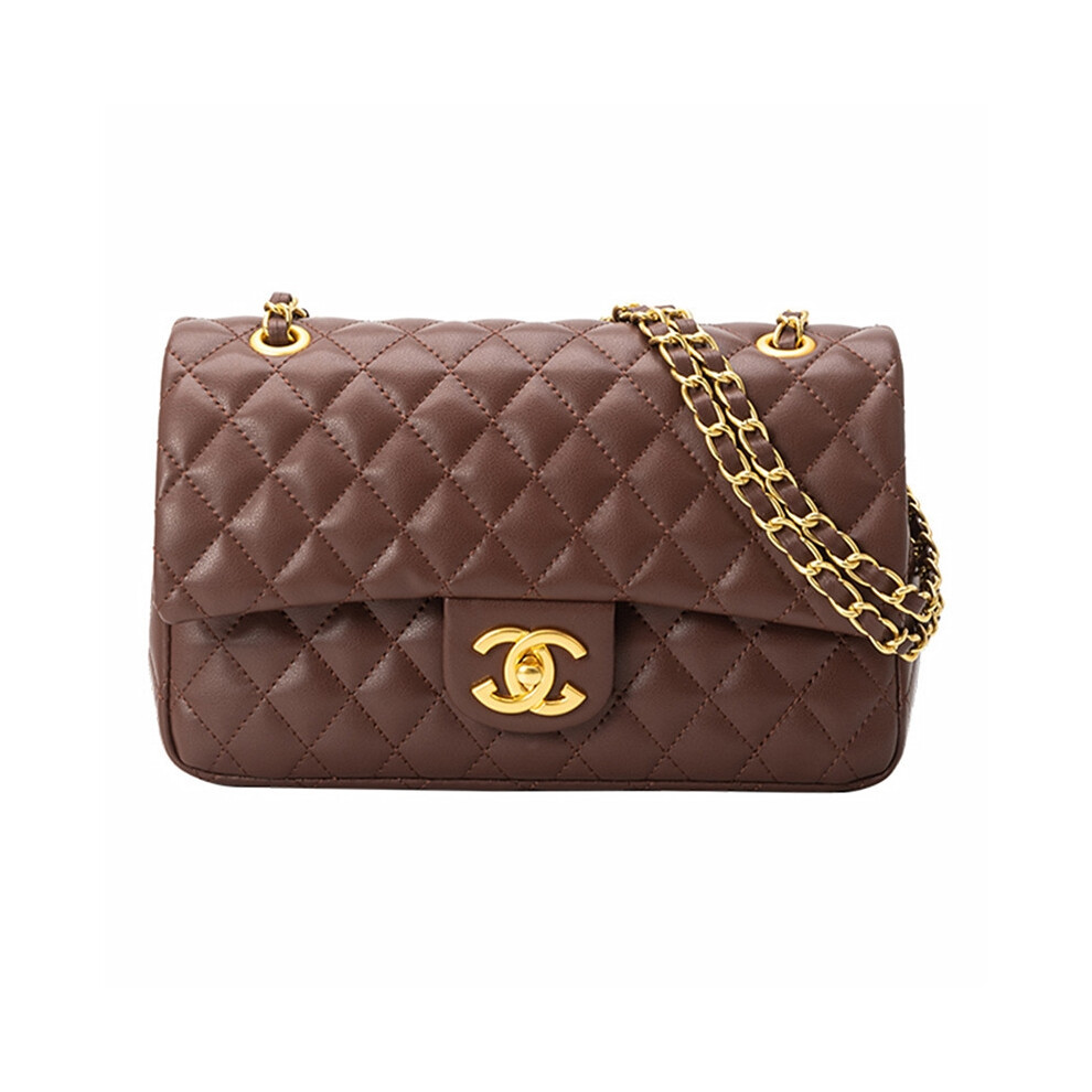 Five Leaf (Brown) New First Layer Cowhide Fashionable And Versatile Rhombus Chain Bag Popular Women's Bag Temperament Single Shoulder Crossbody Bag