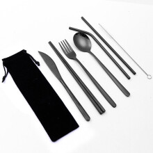 (Black) 7 Pcs Tableware Set Stainless Steel Fork Spoon Knife Chopsticks Straw Brush Portable Flatware Outdoor Camping Picnic