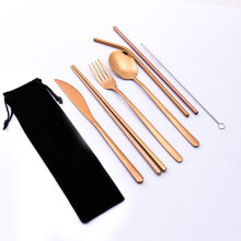 (Gold & Pink) 7 Pcs Tableware Set Stainless Steel Fork Spoon Knife Chopsticks Straw Brush Portable Flatware Outdoor Camping Picnic