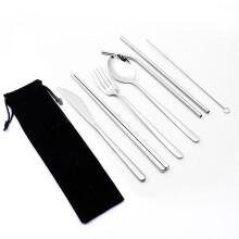 (Silver) 7 Pcs Tableware Set Stainless Steel Fork Spoon Knife Chopsticks Straw Brush Portable Flatware Outdoor Camping Picnic