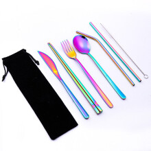 (Colorful) 7 Pcs Tableware Set Stainless Steel Fork Spoon Knife Chopsticks Straw Brush Portable Flatware Outdoor Camping Picnic