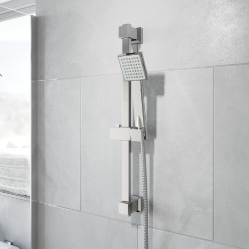 Chrome Square Shower Kit Head Single Spray Adjustable Riser Rail Bathroom Luxury