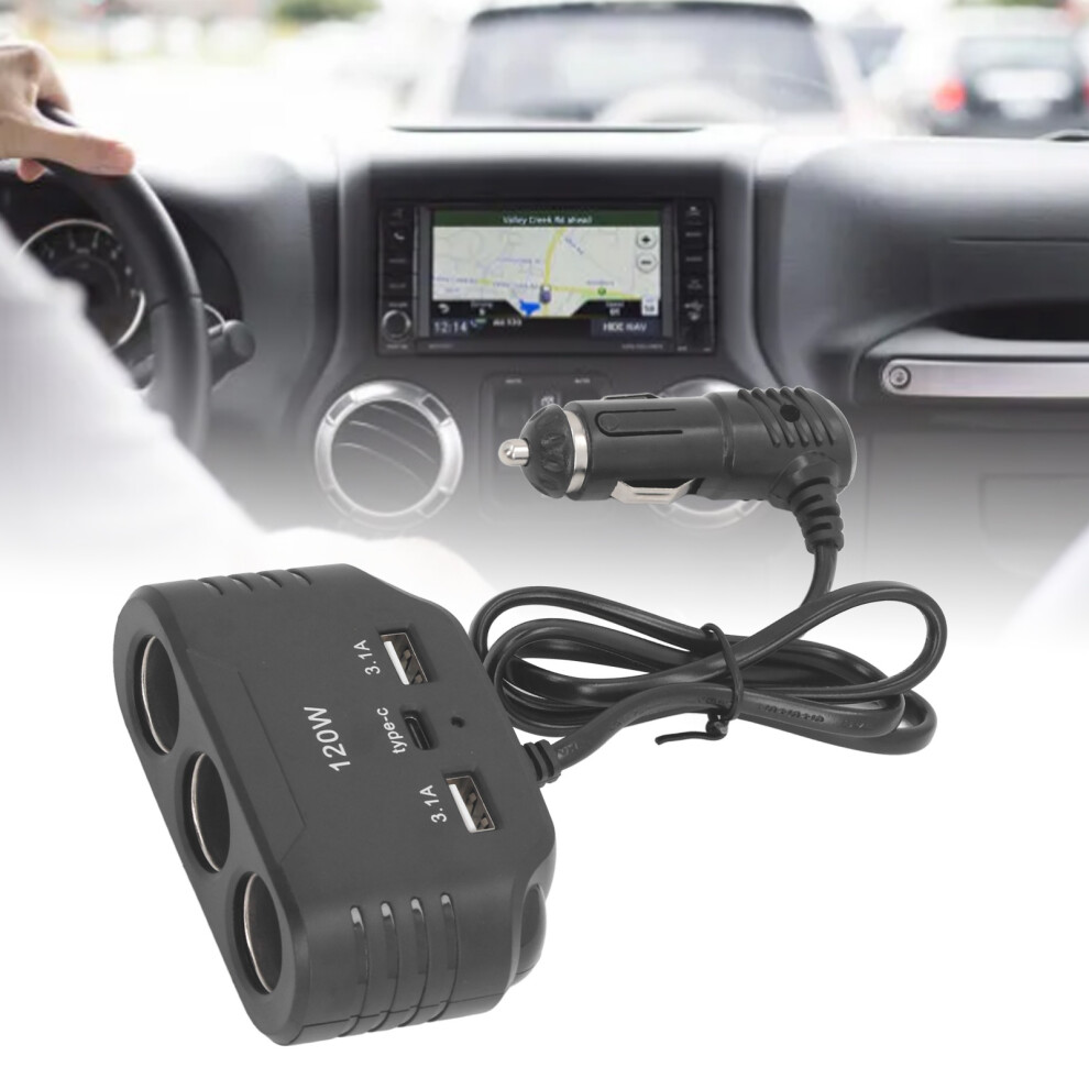 Car Cigarette Lighter 3 Socket Converter 120W With Usb Type C Port 3081337695401