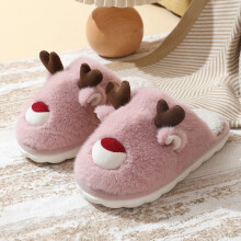 (Pink, 34-35) Women Autumn/Winter Christmas Reindeer Fuzzy Cotton Slippers for Girls: Indoor Home Use, Non-Slip, Warm Kids' Slippers