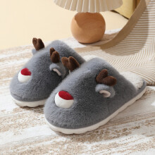 (Grey, 44-45) Women Autumn/Winter Christmas Reindeer Fuzzy Cotton Slippers for Girls: Indoor Home Use, Non-Slip, Warm Kids' Slippers