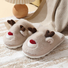 (Camel, 40-41) Women Autumn/Winter Christmas Reindeer Fuzzy Cotton Slippers for Girls: Indoor Home Use, Non-Slip, Warm Kids' Slippers