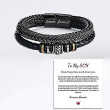 To My Son Love You Forever Bracelet, Braided Leather Bracelet for Men, Stainless Steel Personalized Engraved Bracelet