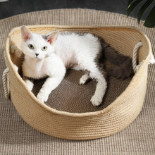 Handmade Wicker Cat Bed Basket with Corrugated Scratch Board, Cozy Pet House