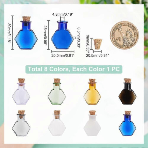 8pcs Mini Colored Glass Bottles Tiny Spell Jars Hexagon Potion Bottles Wishing Bottle Vials with Corks 2